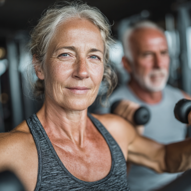 Група літніх людей займається йогою